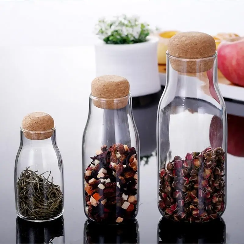 

Kitchen Glass Tea Leaf Storage Jar Coffee Bean Sealable Container Cork Stopper Airtight Glass Bottle Simple Style