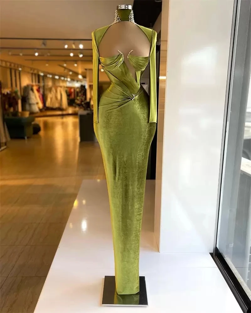 

Green Evening Dresses Sheath Long Sleeves Velvet Pearls Long Turkey Dubai Saudi Arabic Evening Gown Prom Dresses