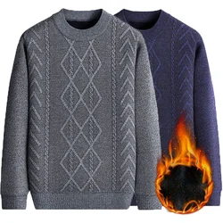 Plus Fleece Winter Thicken Striped Sweater Pullovers Middle Age Round Neck Thermal Loose Knitted Long Sleeves Comfortable Tops