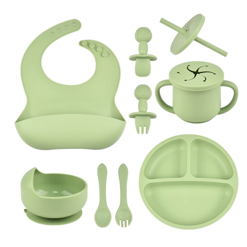 

8PCS/Set Silicone Baby Feeding Set Sucker Bowl Divided Dinning Plate Straw Cup Spoon Fork Adjustable Bib Child Dishes BPA Free