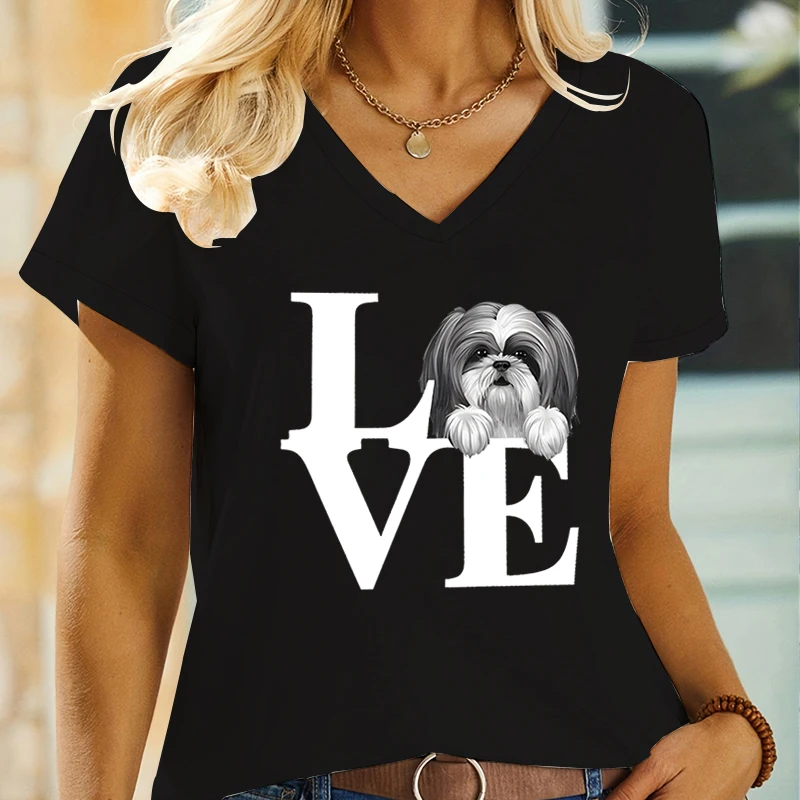 Camisetas de dibujos animados Shih Tzu para mujer, Camiseta con estampado de letras de amor, cuello en V, manga corta, Tops de animales, camiseta de amante de perros de moda