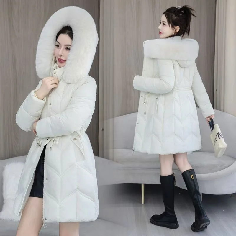 Hat Detachable Women's Winter Long Warm Cotton-padded Jacket Korean Version Of Slim Big Fur Collar Padded Cotton-padded Jacket