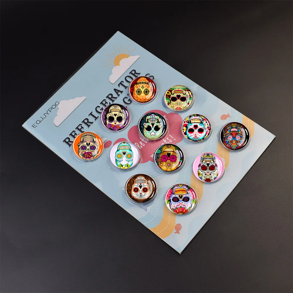 Candy Skull Magnetic Fridge Stickers Glass Dome Refrigerator Note Holder Home Decor Mexican Ghost Festival Souvenirs 30mm