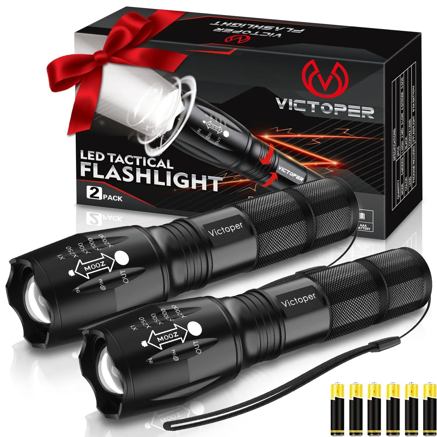 LED Flashlight 2 Pack, Bright 2000 Lumens Tactical Flashlights High Lumens with 5 Modes, Waterproof Zoomable Flash Light