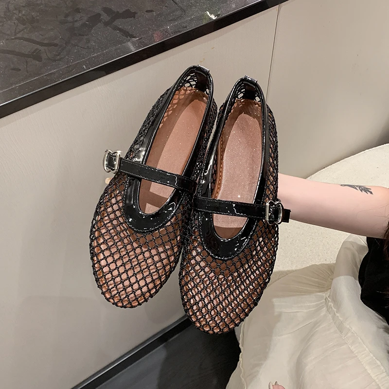 Summer Wear Round Toe Straight Buckles Casual and Comfortable Women's Flats Cut-out Mary Jane Single Shoes Fishnet Shoes