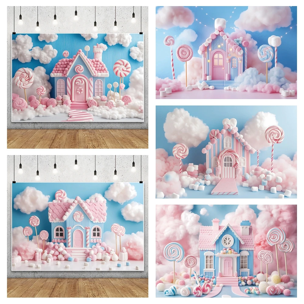 Fondo de casa de pan de jengibre cielo azul nubes blancas historia de postre piruleta dulce niña Baby Shower pastel Smash fiesta foto telón de fondo