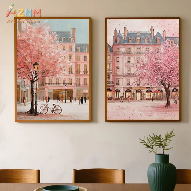 AZNM Pink Paris Eiffel Tower Canvas Wall Art Romantic Sunset Street Sakura View Oil Painting Print Unframed Canvas Painting For
