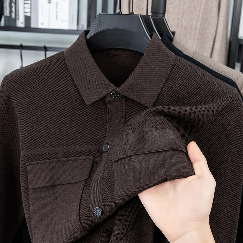 Men's Luxury Knitted Cardigan Long Sleeve Lapel Thickened Button down Double Pocket Solid Color Autumn Winter Fashion Men's Wear