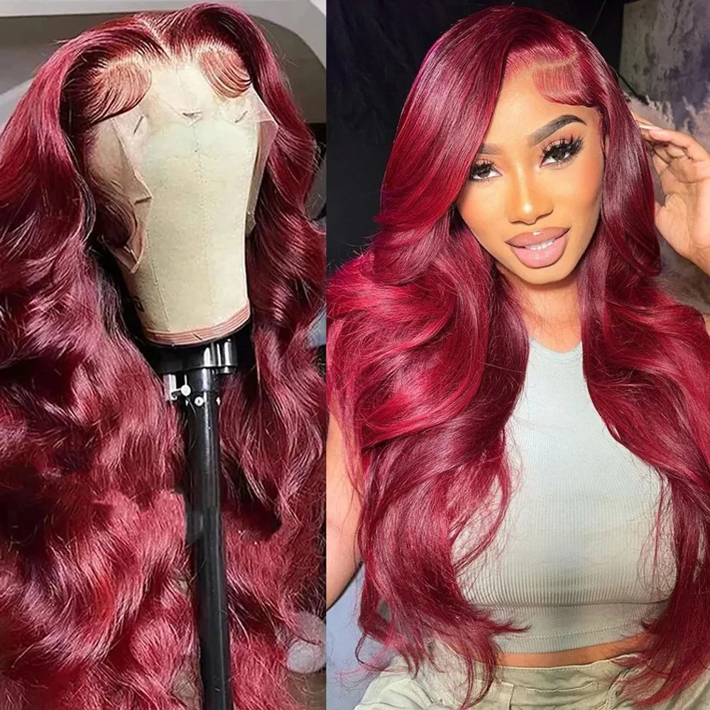 

99j Burgundy Front Human Hair Wig 13x6 Pre Plucked Transparent Lace Colored Body Wave 13x4 Hd Lace Frontal Wigs For Women