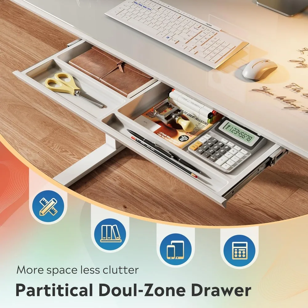 مكتب قائم كهربائي بارتفاع قابل للتعديل مع أدراج، سطح زجاجي كامل القطعة مقاس 48 بوصة، تجميع سريع، أبيض #6