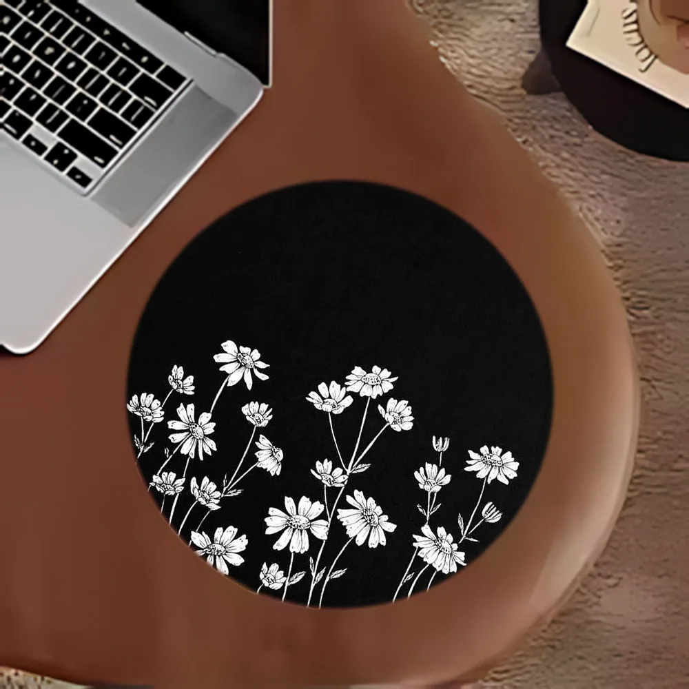 Round Mouse Pad Black White Daisy Floral Print Non Slip Rubber Base Small Desktop Mat Minimalist Aesthetic Cute Flower Mousepad