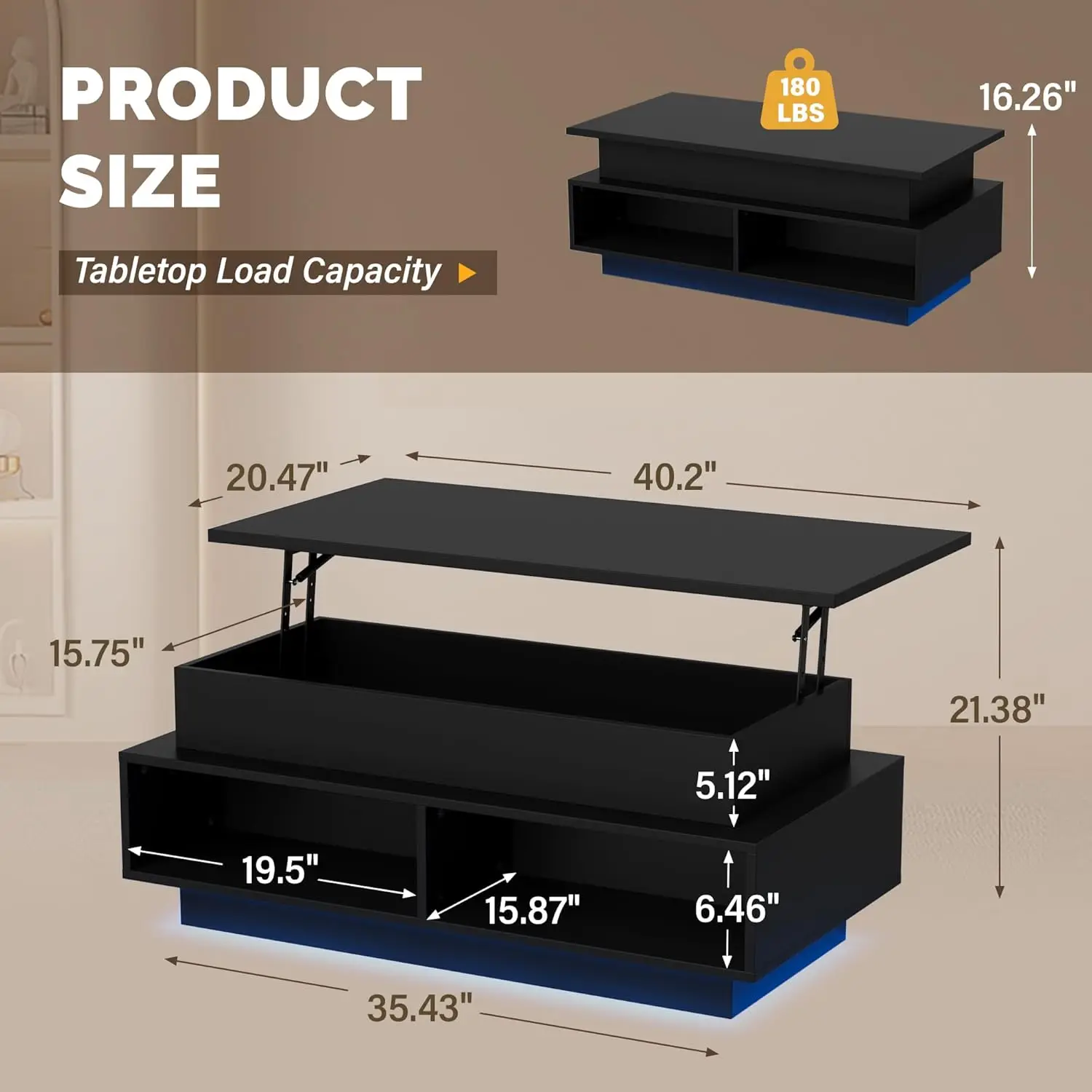 طاولة قهوة قابلة للرفع مقاس 40 بوصة مع مساحة تخزين مخفية وأضواء LED متعددة الألوان، طاولة خشبية مربعة حديثة مع 4 أرفف مفتوحة للمعيشة