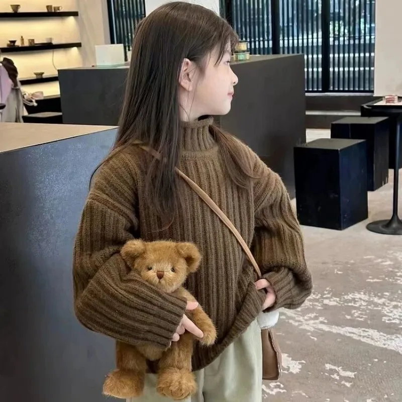 

Children's Sweater Thickened Knitted Autumn/Winter Girls' Solid Color High Collar Elastic Top Knitted Sweater 90-160cm