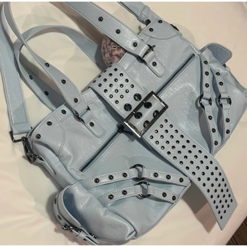Y2k Nieten-Gürtelschnallen-Handtasche, Damen Motorrad Biker Punk-Stil Metall-Nieten-Schultertasche, Koreanische Y2k Mädchen Reißverschluss-Tragetasche – Detail 16