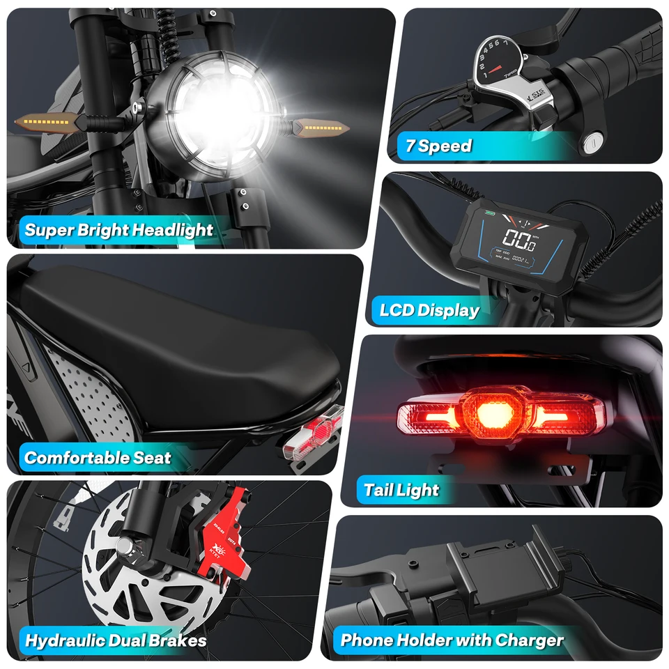 YVY K20MAX 3000W Electric Bike for Adults 37MPH 180 Miles 52V 40AH Dirt Bike Electric Motorcycle 20" Fat Tire Mountain Bike image 7