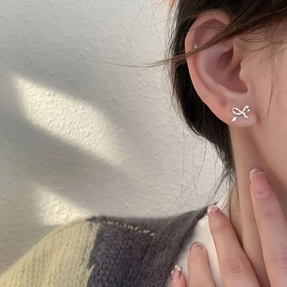 Fashion 925 Silver Needles Stud Earrings Bowknot Gold Silver Color Bow Earrings Simple Minimalist Ear Piercing Jewelry Gifts