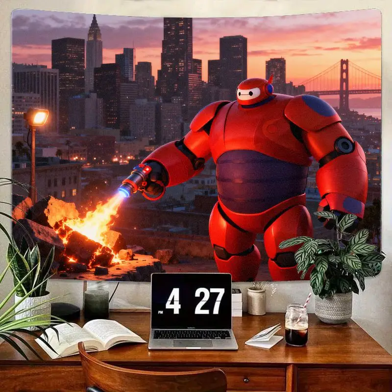 

1 шт. Baymax Big Hero 6 гобелен, супергерой робот городской пейзаж закат настенное искусство, современный полиэстер настенный подвес для детской комнаты спальня D