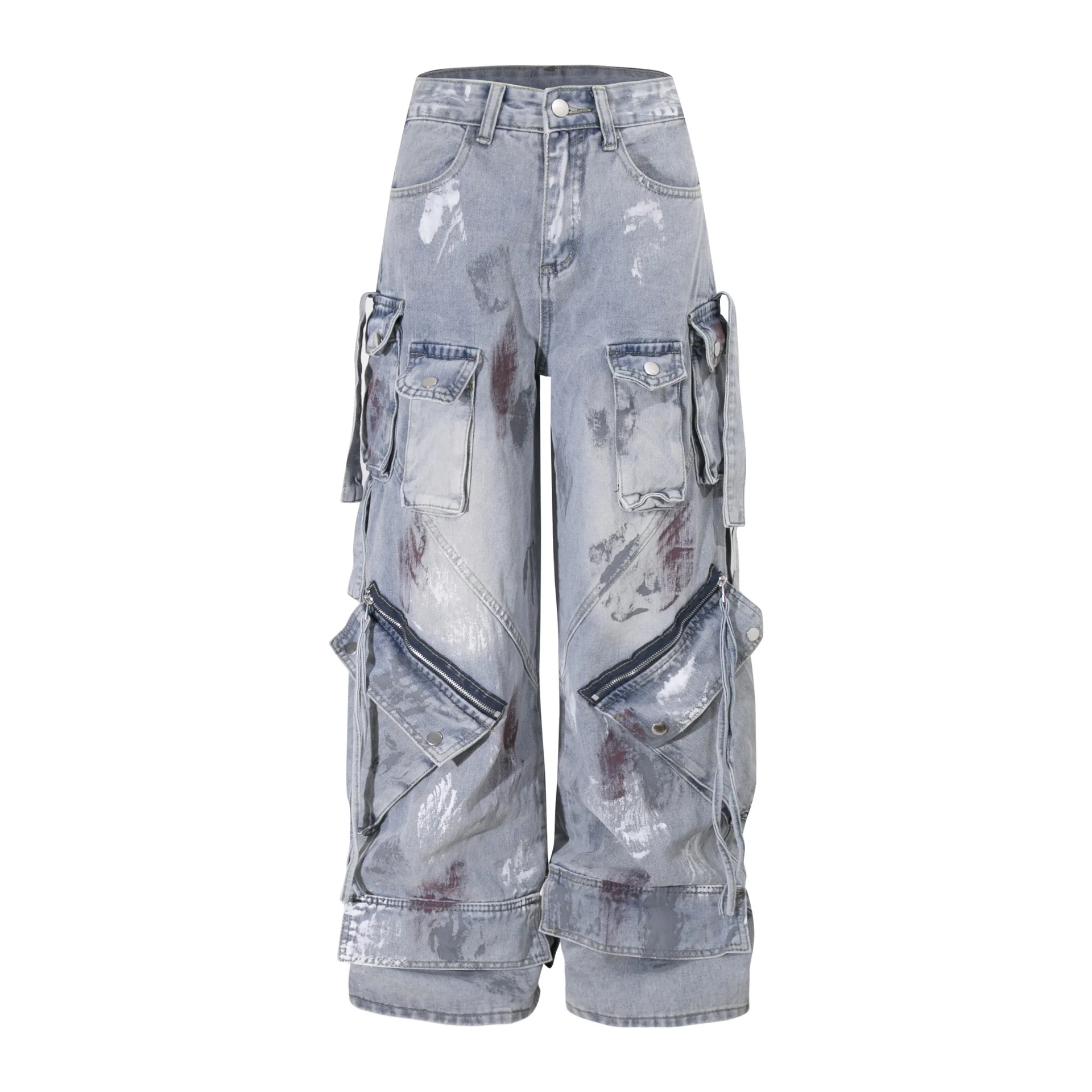 MWJLPWQ 2026 Spring American Retro High Street Jeans Men's Multi Pocket Zipper Design Loose Design Washed Denim Pants 17536