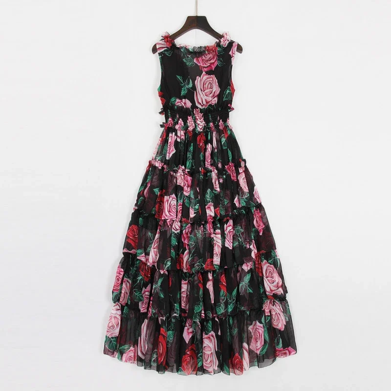 

2023 New Fashion Designer Runway Women's Summer Sleeveless V-neck Rose Floral-Print Ruffles Elastic Waist Vacation Dresses
