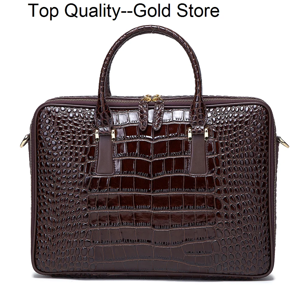 Genuine Leather Men's Briefcase Crocodile Pattern Shoulder Bags Large Capacity Laptop Bag 14 Inch Notebook Handbags 0026