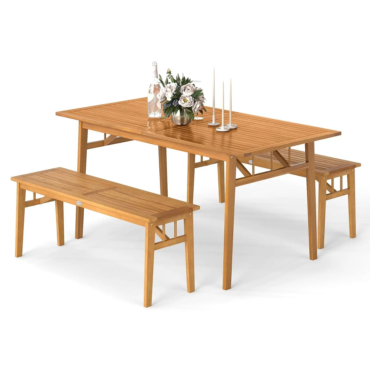 3 Pieces Patio Dining Set, Acacia Wood Space Saving Outdoor Rectangular Picnic Table with 1.97” Umbrella Hole and 2 Benches