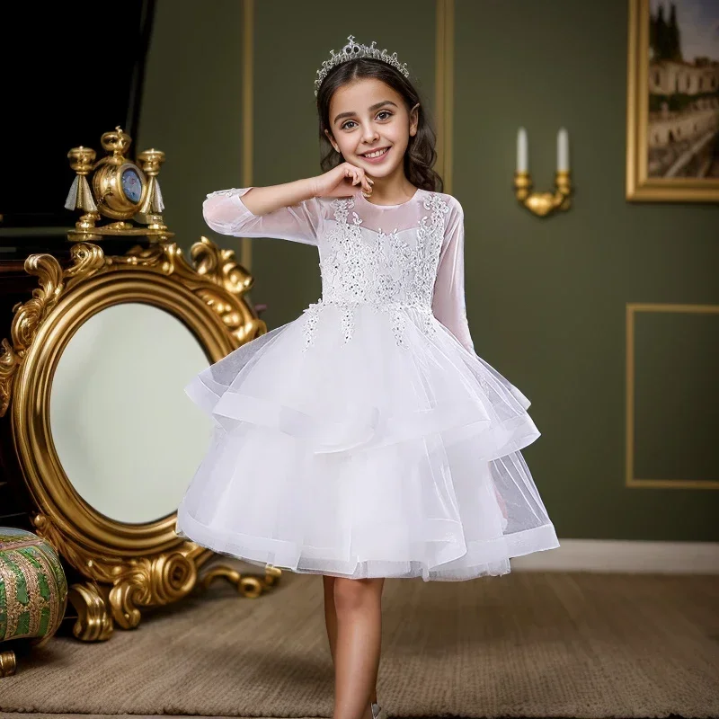 Fashion Princess Dress for Girls Lace Short Sleeve Knee-Length Ball Gown Summer Children Girls Party Dress 3-13 Years