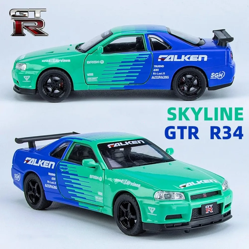 

1:32 SKYLINE GTR Модель игрушечного спортивного автомобиля из сплава, литой под давлением с 4 дверями, открытым звуком, светом, откатными резиновыми шинами, автомобиль, подарок для детей