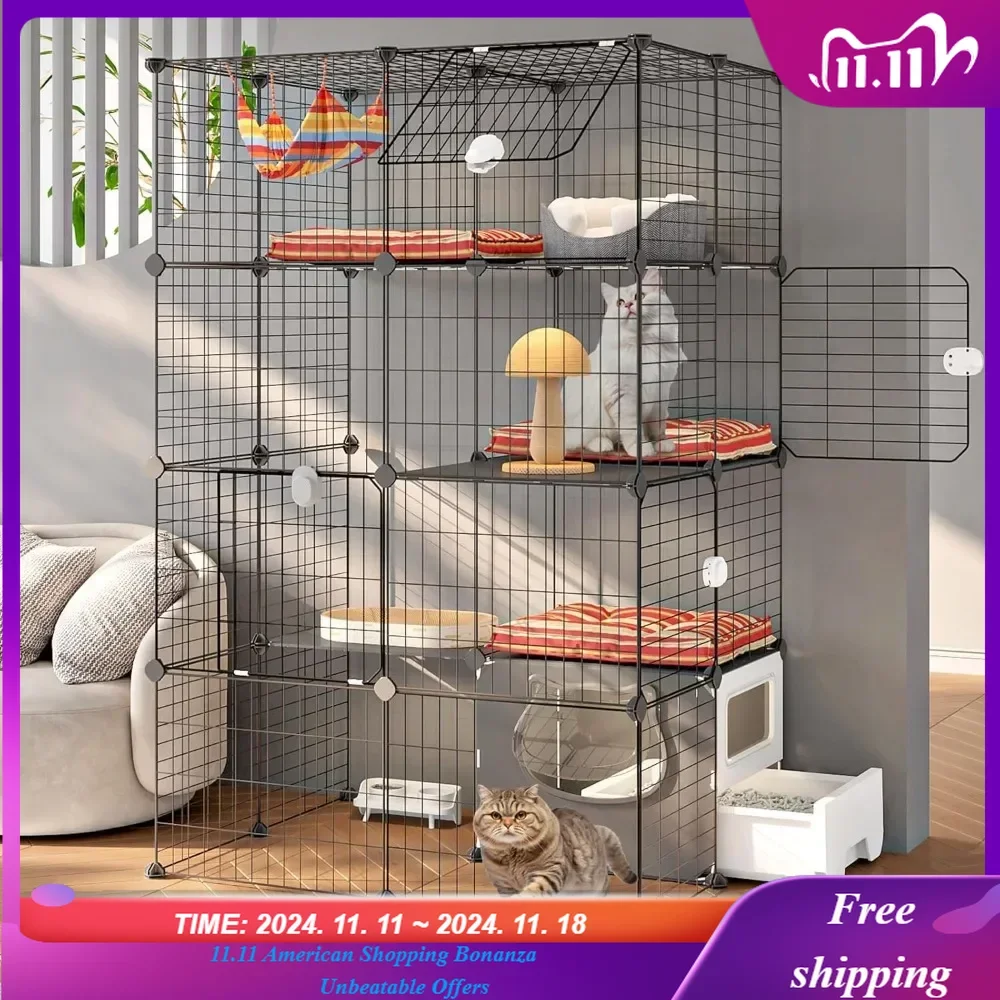 Cat Cage with Litter Box,4-Tier DIY Cat Enclosures Detachable Metal Wire Kennel Indoor Crate Large