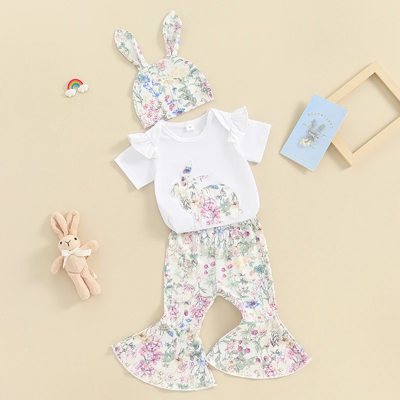 

Baby Girl Easter Outfit Ruffle Short Sleeve Bunny Print Romper Floral Bell Bottoms with Hat 3Pcs Summer Clothes