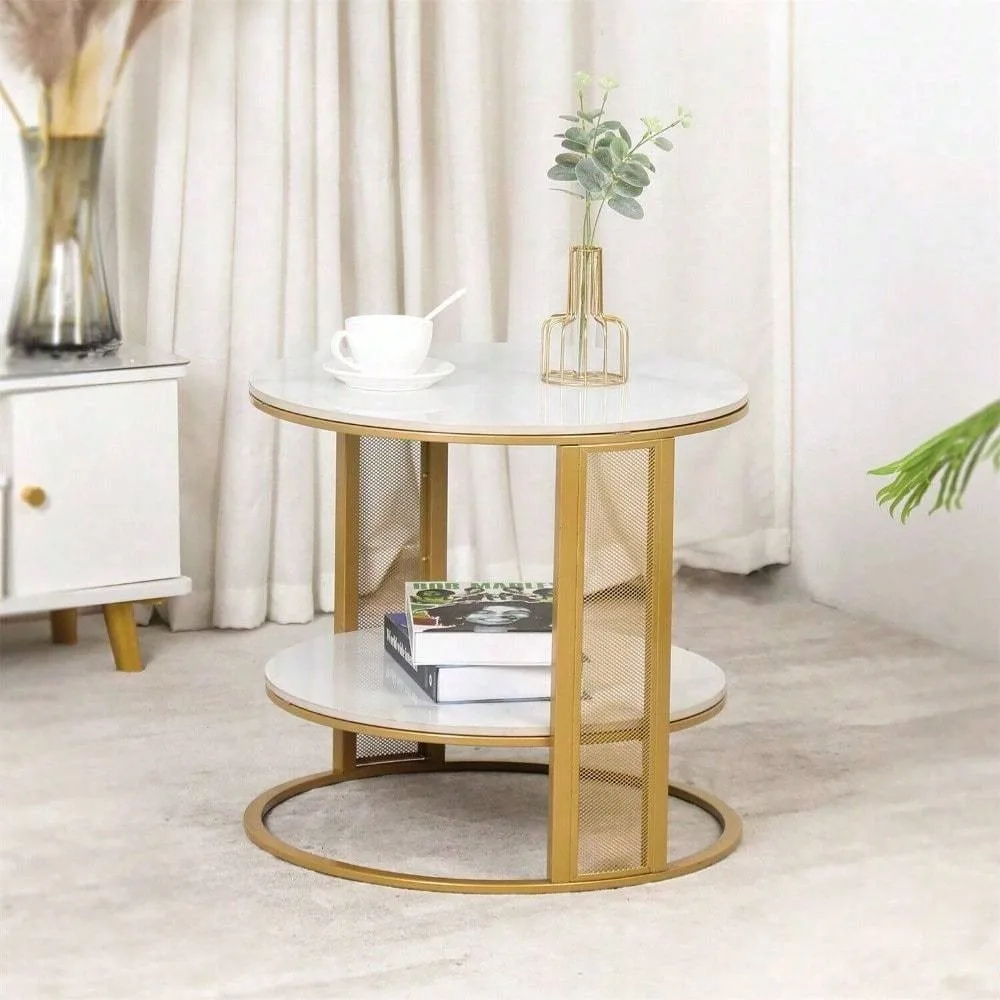 Coffee Table 2 Tier Round Marble End Table Gold Frame Sturdy Base Home Furniture