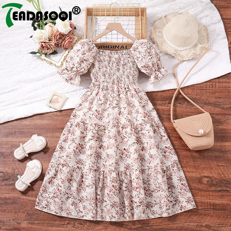 

8-12Y Kids Girl's Dress Summer Fashion Casual Short Sleeve Printed Ruffled Princess Dress Girls Children A-line Skirt Clothing