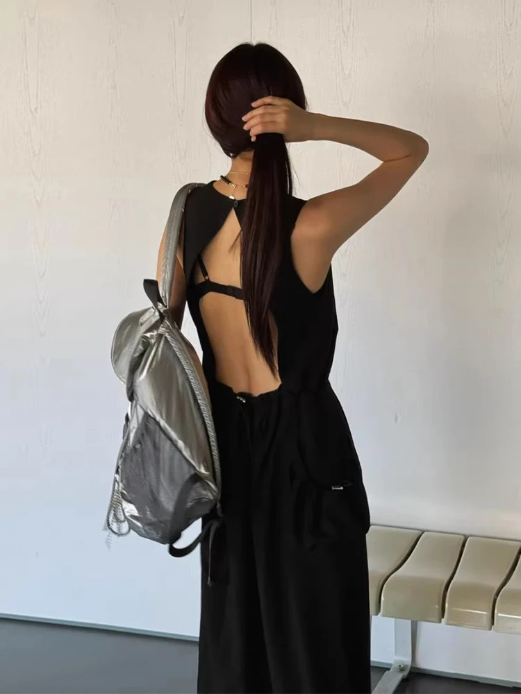 Chique verão sem mangas sem costas em torno do pescoço colete vestido f cintura alta emaecimento design estilo corea...