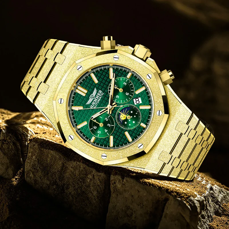 HAEMMER Luxury Men\'s Automatic Watch Top Brand Mechanical Frame Original Gold Green Watch Waterproof Clock Relogio Masculin