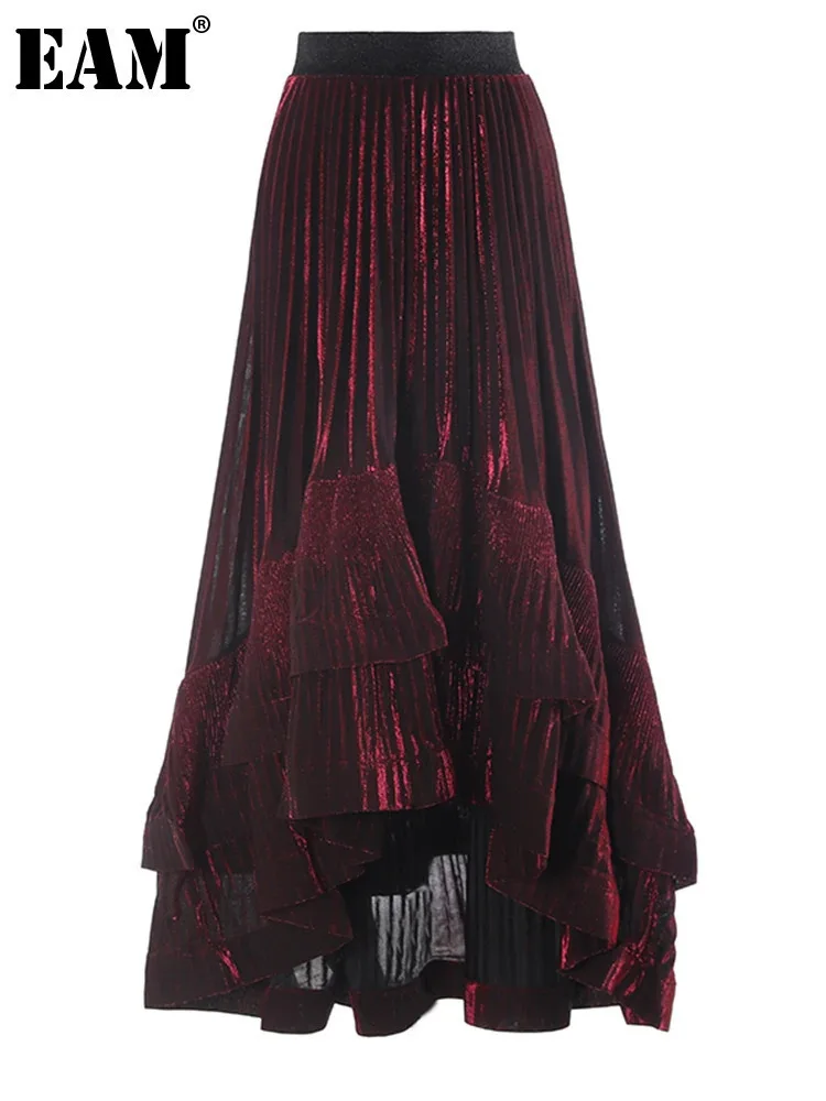 [EAM] High Elastic Waist Rose Red Irregular Pleated Elegant Half-body Skirt Women Fashion Tide New Spring Autumn 2024 1DH7240