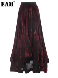 [EAM] High Elastic Waist Rose Red Irregular Pleated Elegant Half-body Skirt Women Fashion Tide New Spring Autumn 2024 1DH7240