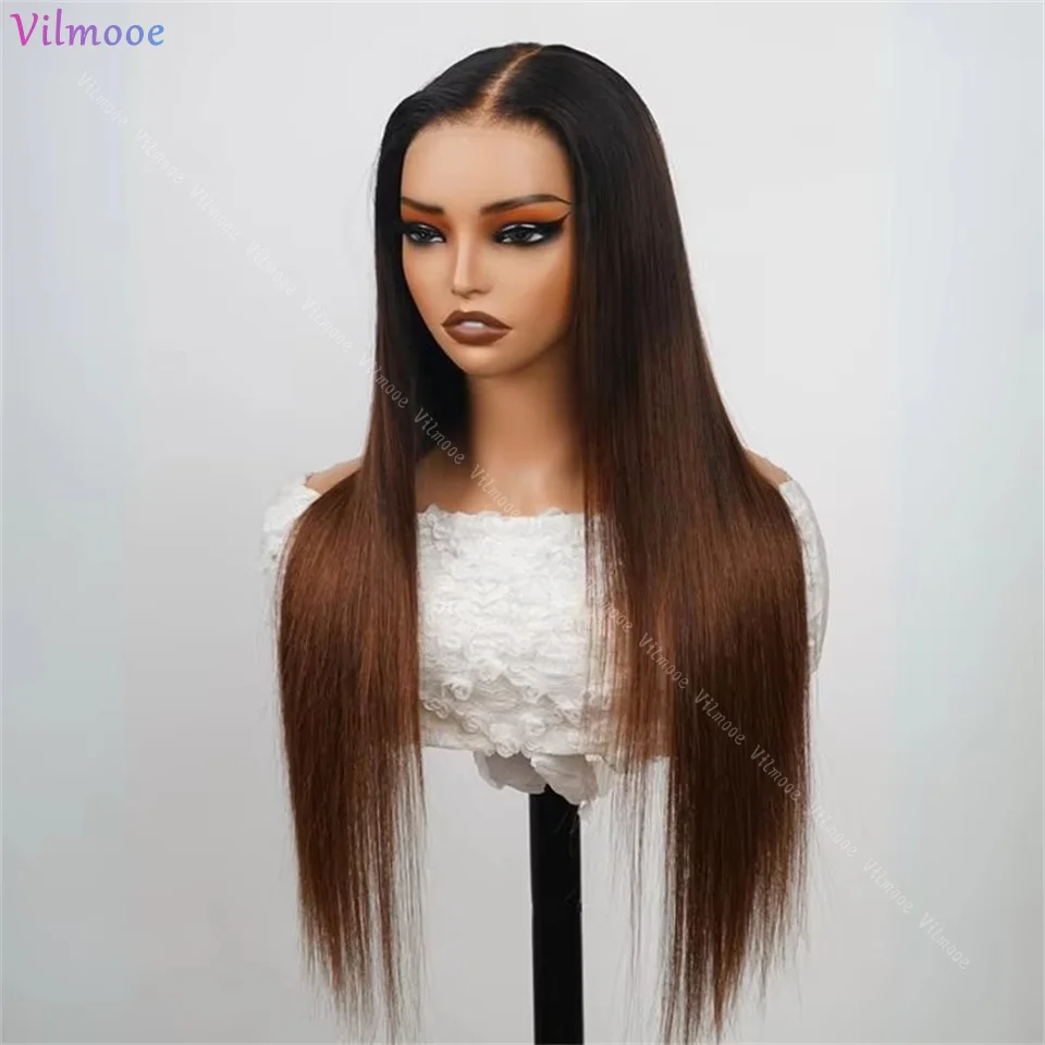 Ombre Brown Color 13x4 Silk Base Lace Front Layered Wig Remy Brazilian Human Hair Pre Cut Straight Natural Black Frontal Wigs