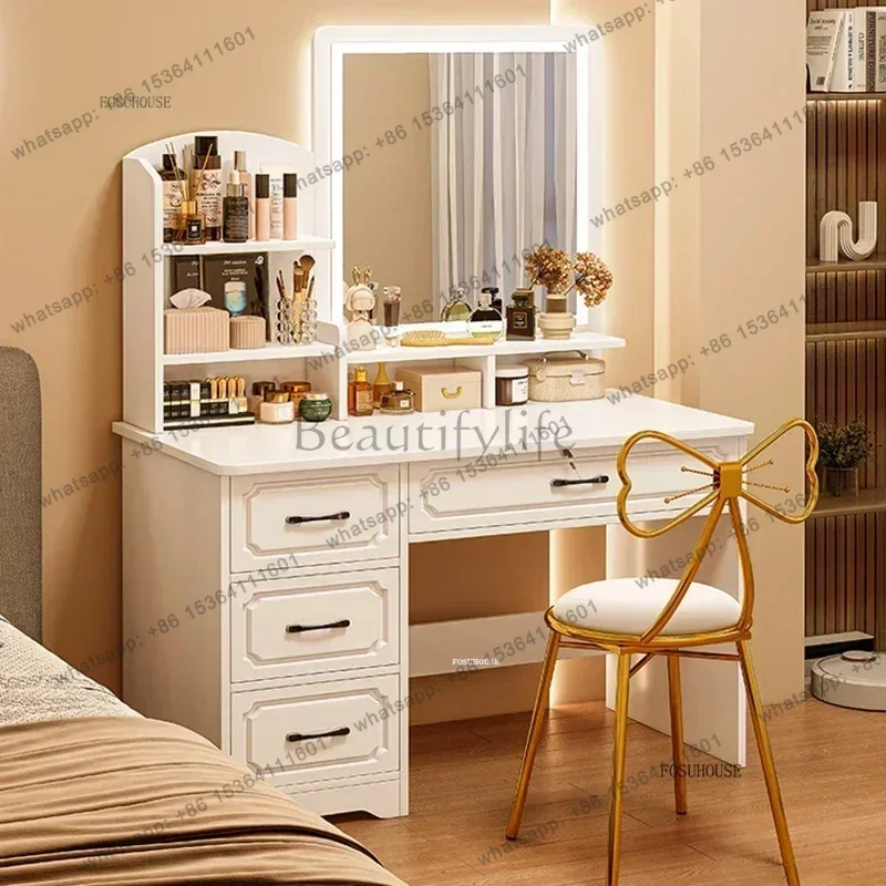 

European Wooden Dressing Tables Home Furniture Simple Bedroom Makeup Table with LED Mirror Home Bedroom Desk with Drawers L Z