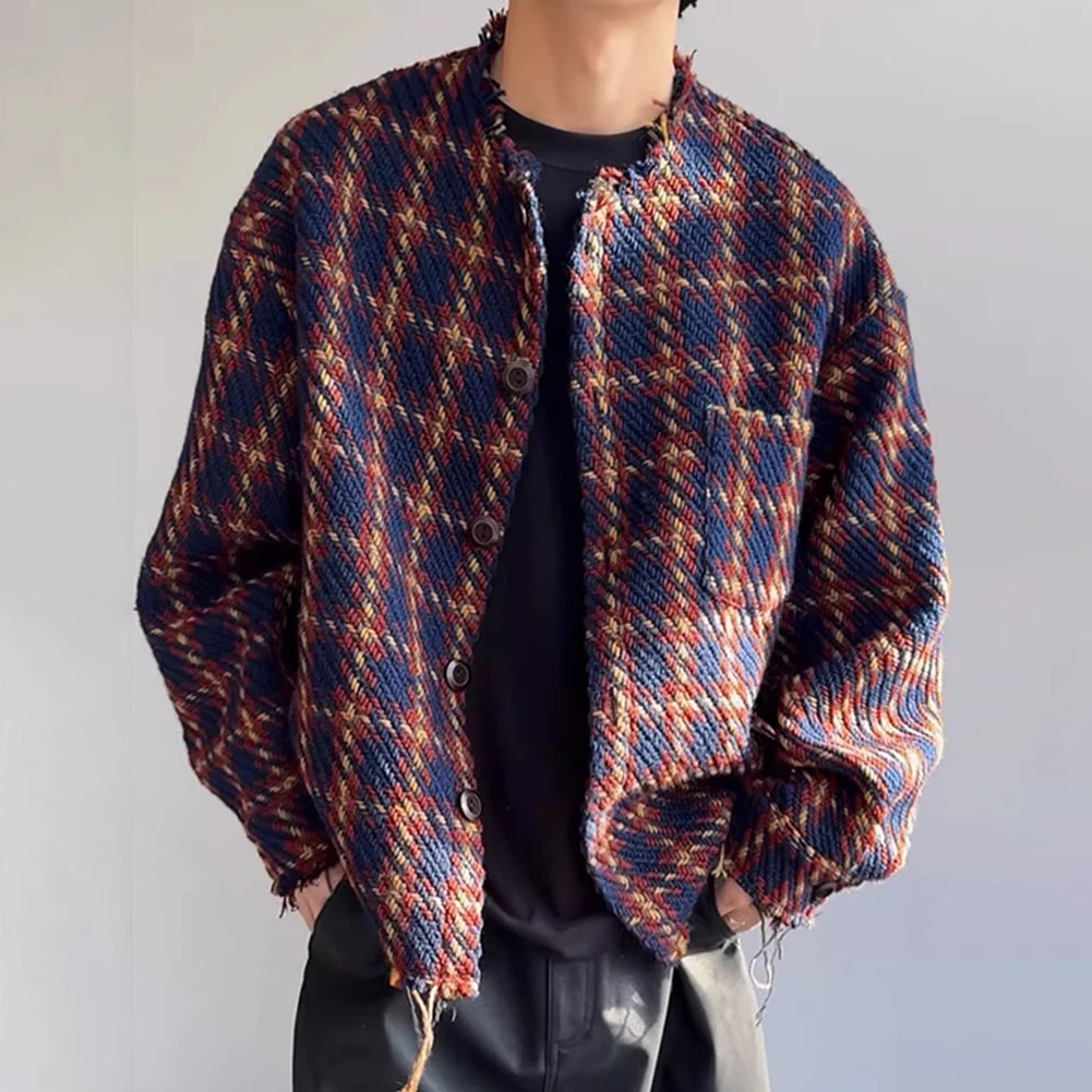 Men Loose Fit Outerwear Jacket Jacket Raw Edge Design Blue As Pictures Show Retro Plaid Jacket Contrasting Pattern