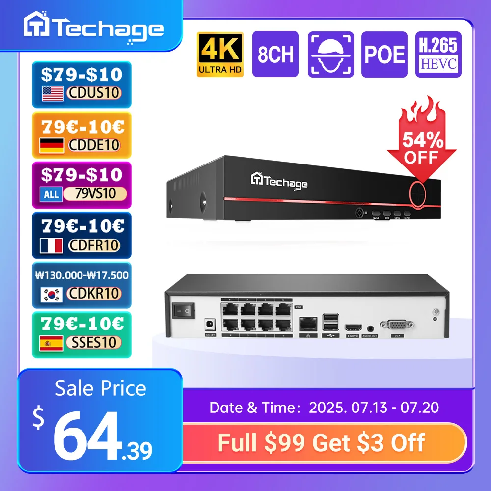 

Techage 8CH H.265 4K/8MP/5MP POE NVR CCTV Security Surveillance System for POE IP Camera Network Camera VCR Support Max 14TB