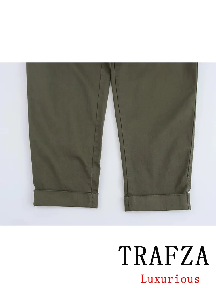 TRAFZA Casual Chic Vintage Women Pants Solid Sashes Pockets Zipper Straight Pants Fashion 2024 Autumn Office Lady Trousers