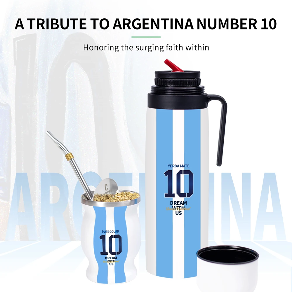 Double Wall Stainless Steel Vacuum Insulated Bottle for Yerba Mate, Coffee, 32oz, BPA Free, Argentina Soccer Captain NO.10