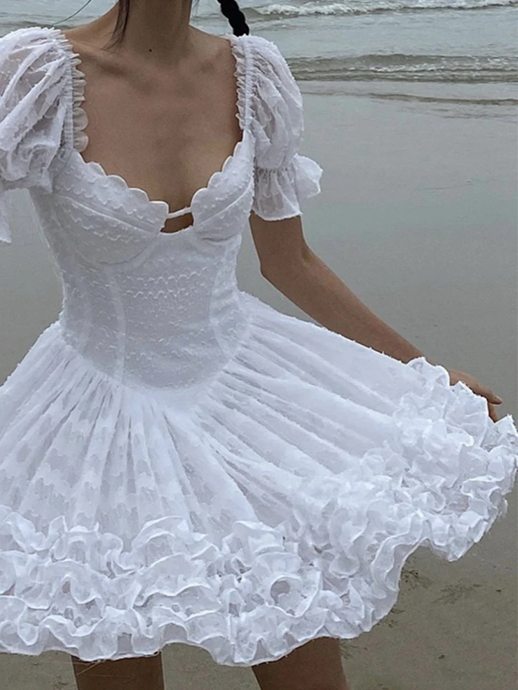 CHEERART Puff Sleeve Backless White Corset Dress For Women Summer 2023 Square Neck Tunics Ball Gown Mini Luxury Dress