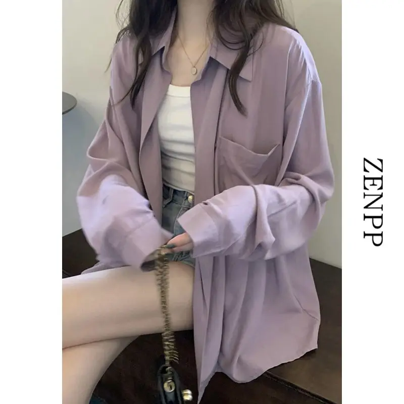 Spring Autumn Purple Shirt Jacket Women's Top Cardigan Clothes Elegant Blouses 2024 Y2k Harajuku Cute Modern Long Youth & Blouse