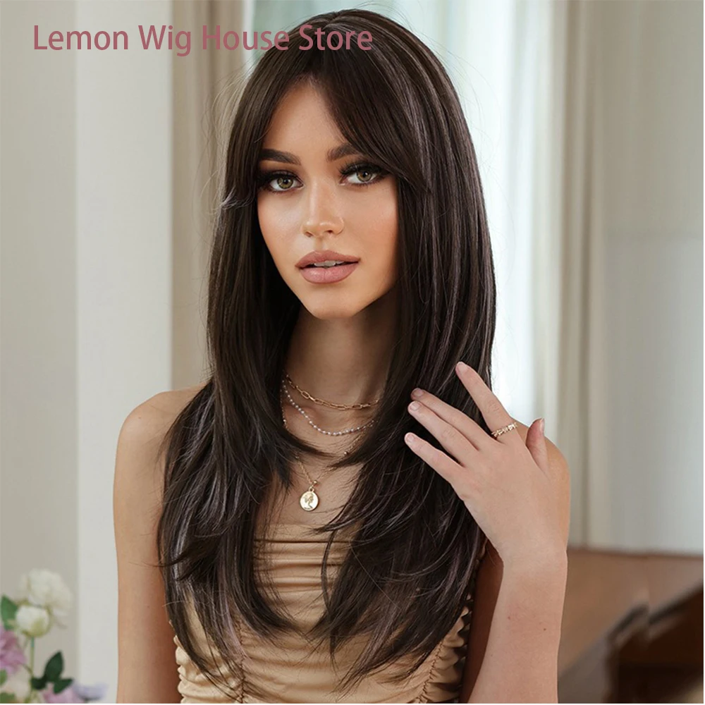 

Натуральный многослойный синтетический парик для женщин, для повседневного использования и вечеринок, черный, блонд, средней длины, прямые волосы, термостойкий, модный.