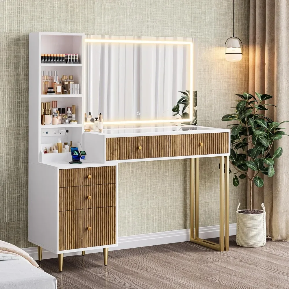 

44" Vanity with 32" Lighted Mirror and Charging Station, Vanity Features Modern Grooved Design Glass Top