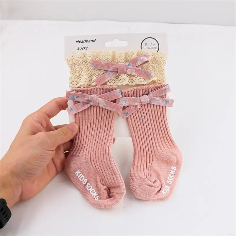 

E06F Lace Headband & Socks Set 0-1Y Child Bow Headdress Soft Elastic Infant Bowknot