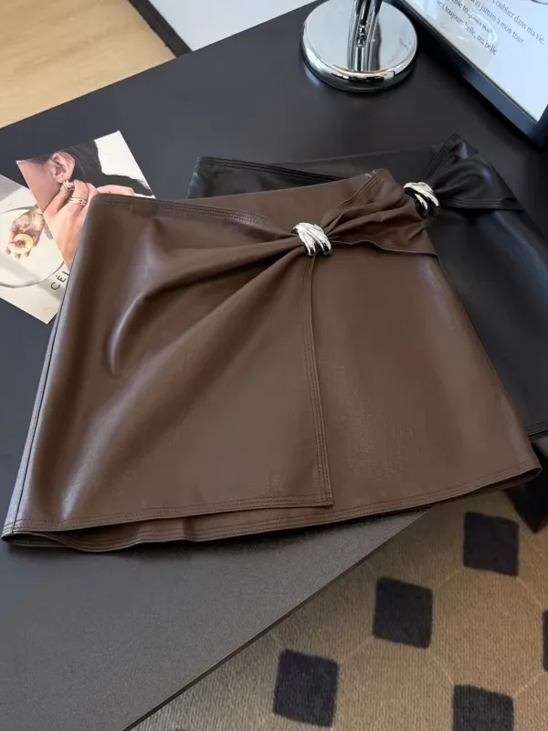 

Asymmetric High Waist PU Skirt Women's Spring Autumn Vintage Brown Anti-Light A-Line ort Skirt Ladies Ciwalk