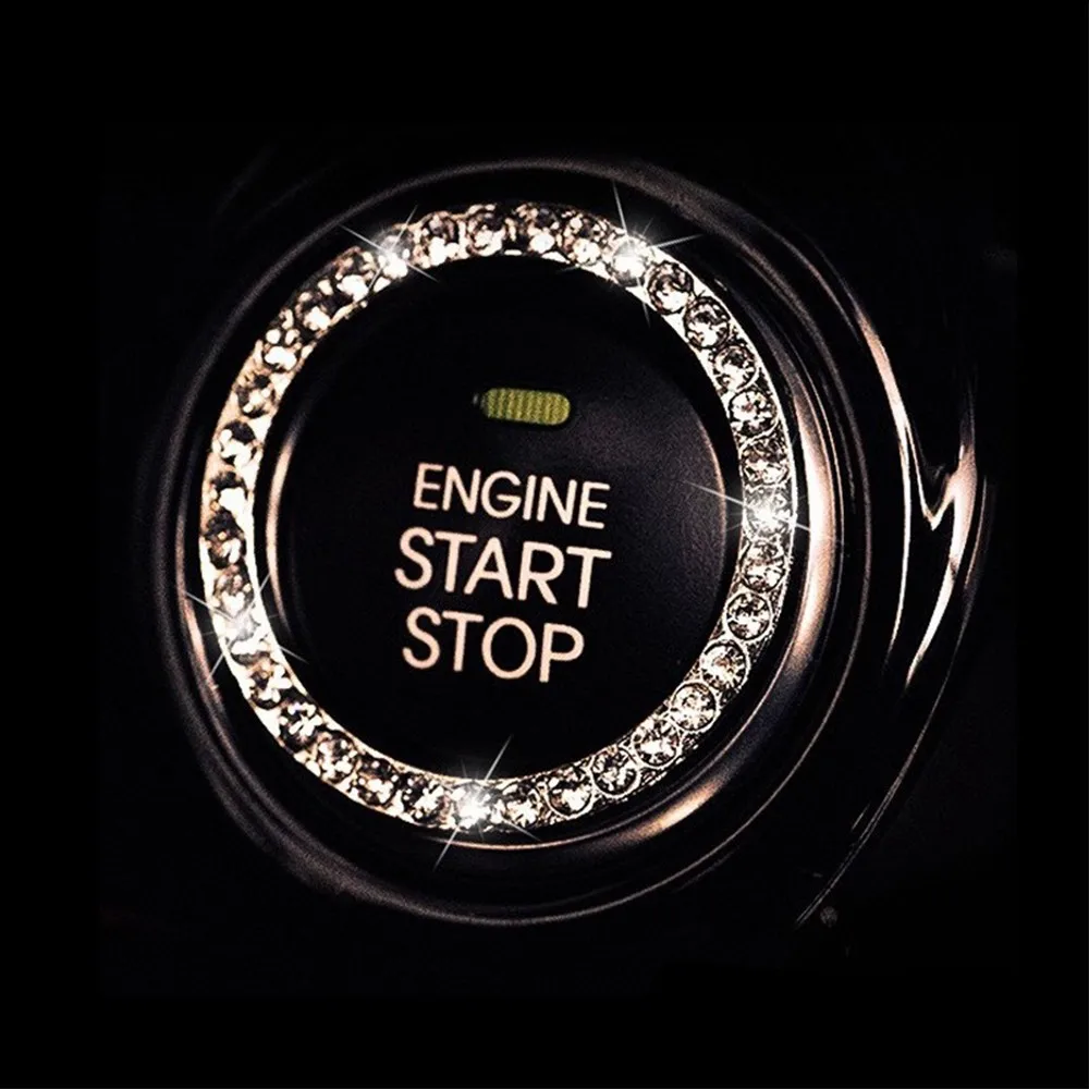 Acessórios Decorativos Brilhantes para Carros e SUVs, Botão de Início com Anel de Diamante, Acabamento em Cromo e Strass para Upgrade de Interior
