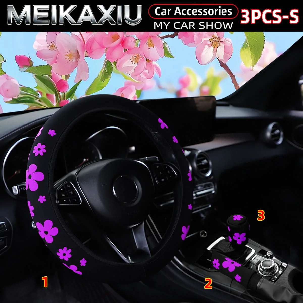 3PCS Women's Car Steering Wheel & Handbrake/Gear Shift Cover Set Foam Flowers Rimless 3D Fabric Car Accessories