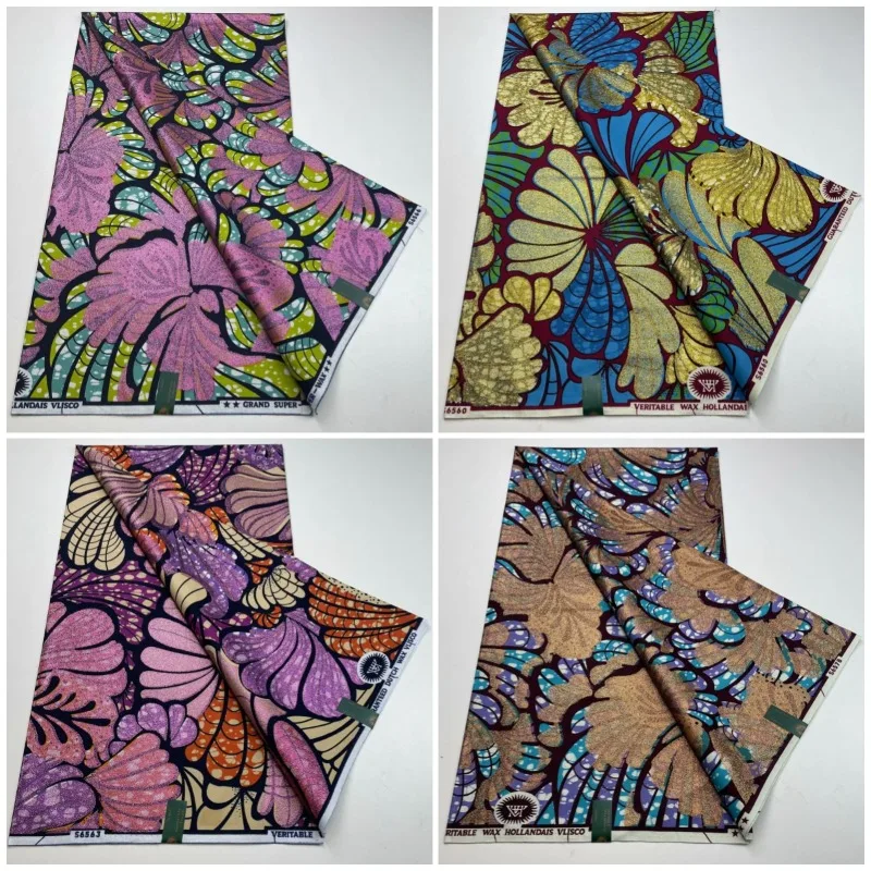 قماش مطبوع بالشمع القطني الأفريقي، قماش شمع جراند سوبر هولانداي، جليتر شمع ذهبي، 6 ياردات